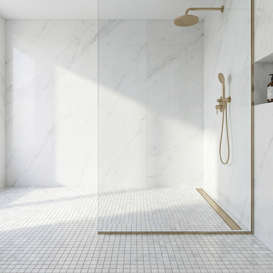 White Carrara polished 5/8 marble mosaic - walk-in shower floor