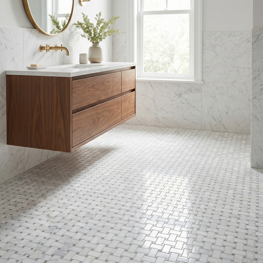White Carrara polished basket weave with Bardiglio grey dots marble mosaic - bathroom floor