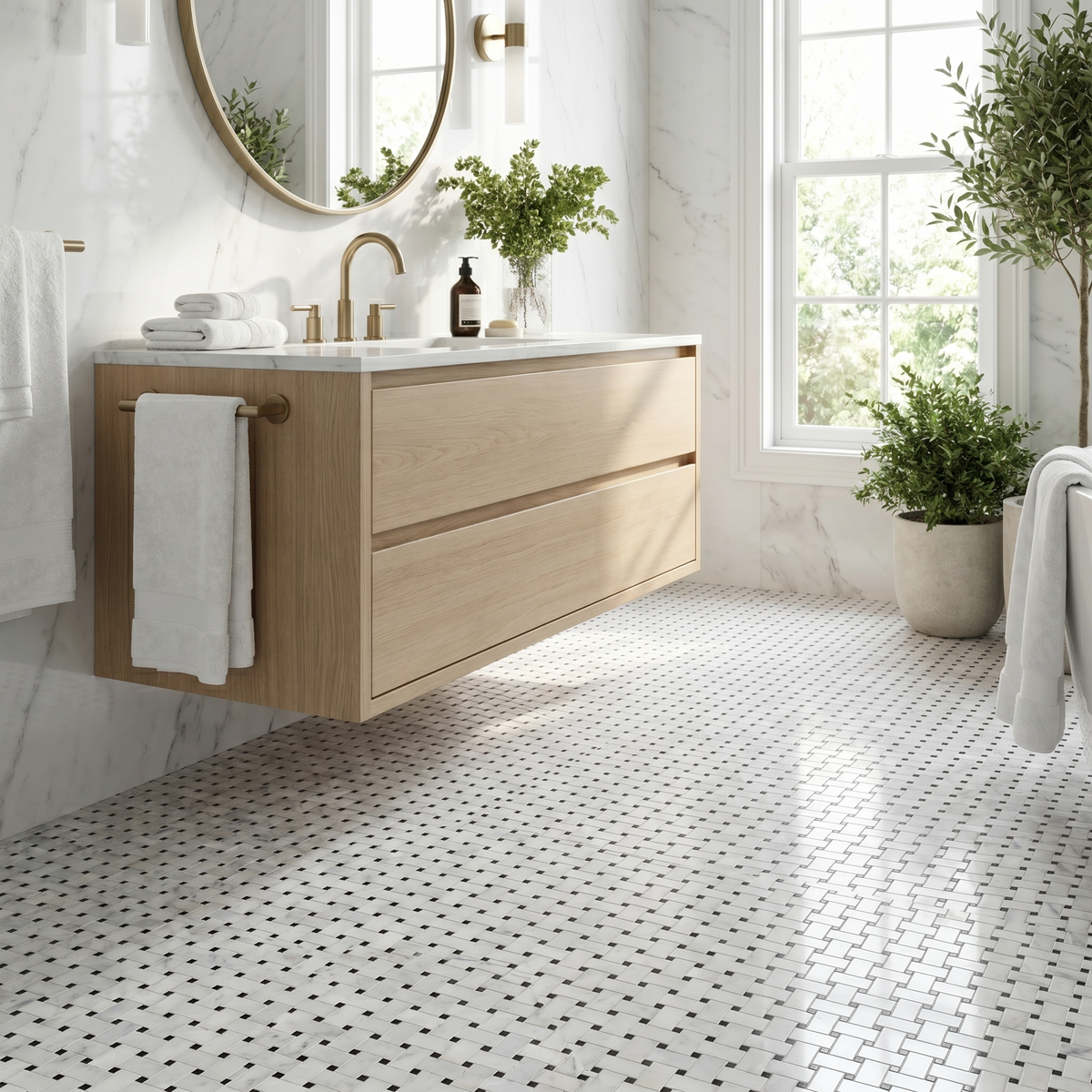 White Carrara polished basket weave with black dots marble mosaic - bathroom floor