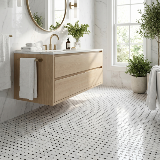 White Carrara polished basket weave with black dots marble mosaic - bathroom floor
