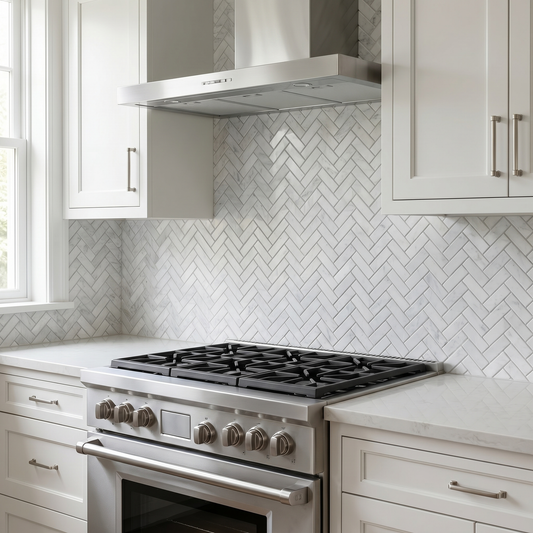 White Carrara polished herringbone marble mosaic - kitchen backsplash