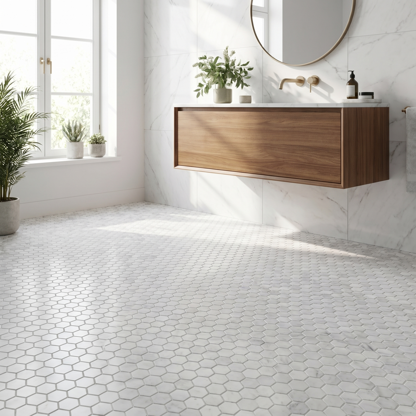 White Carrara polished 1 inch hexagon marble mosaic - bathroom floor