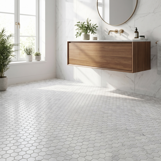 White Carrara polished 1 inch hexagon marble mosaic - bathroom floor
