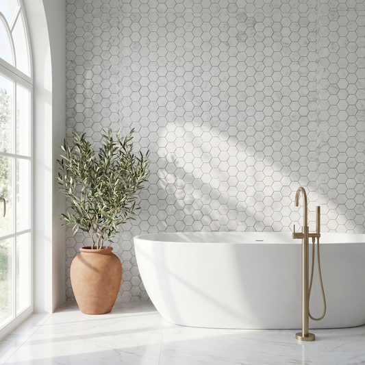White Carrara polished 2 inch hexagon marble mosaic - bathroom feature wall
