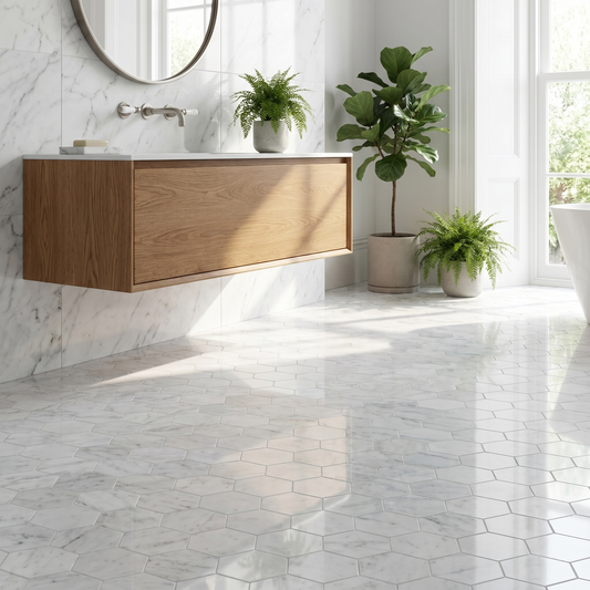 White Carrara polished 3 inch hexagon marble mosaic - bathroom floor