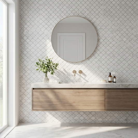 White Carrara polished lantern marble mosaic - bathroom vanity backsplash