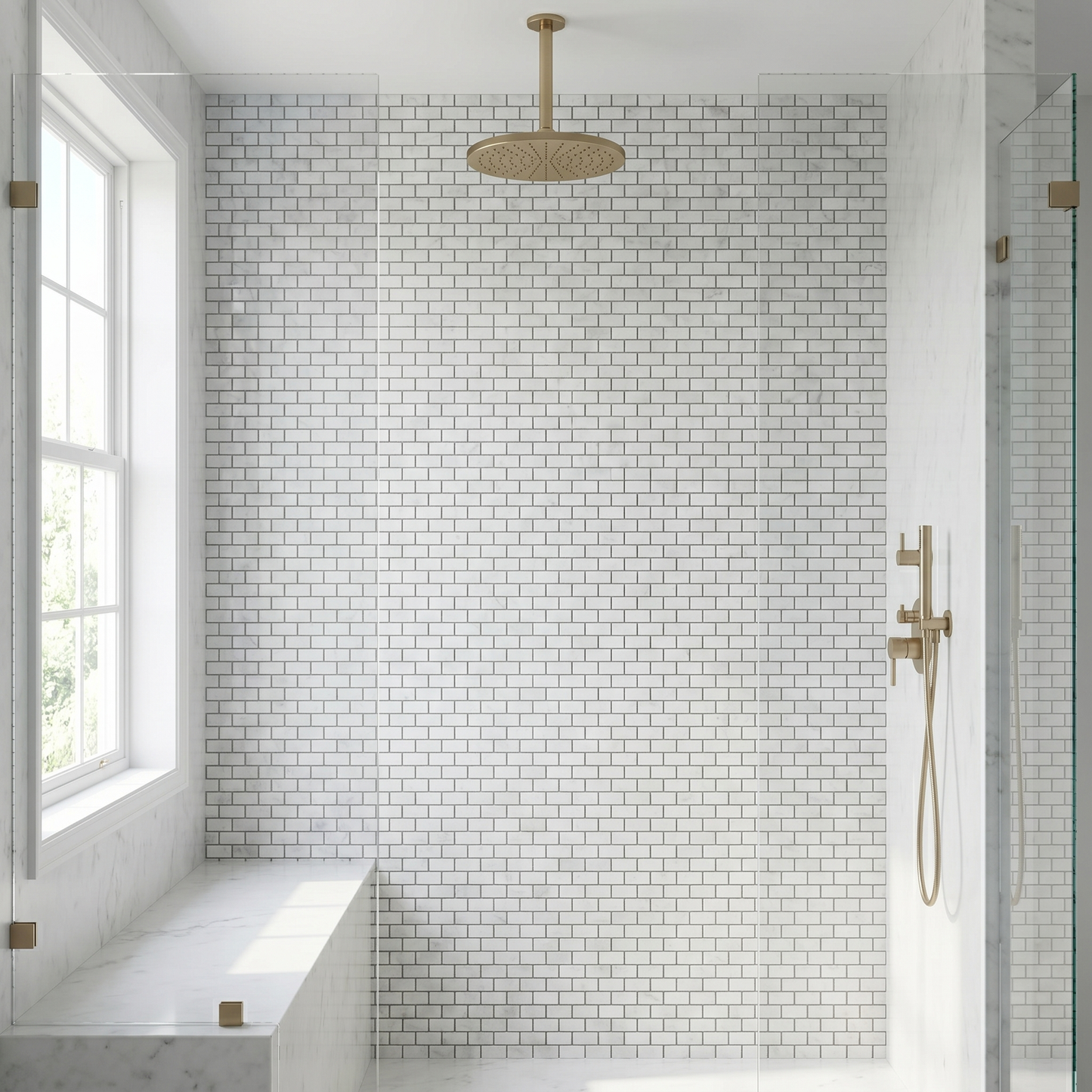 White Carrara polished mini brick marble mosaic - walk-in shower wall