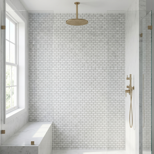 White Carrara polished mini brick marble mosaic - walk-in shower wall