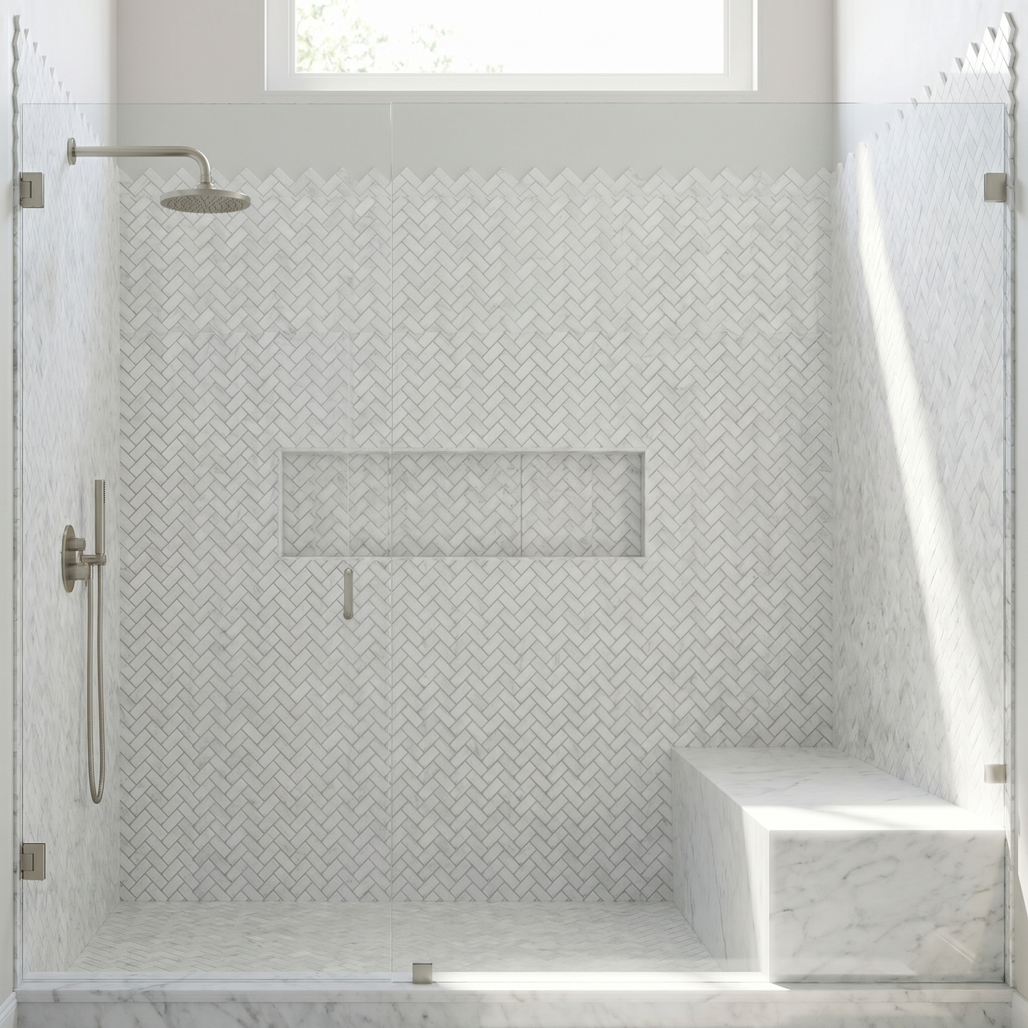White Carrara polished mini herringbone marble mosaic - walk-in shower wall