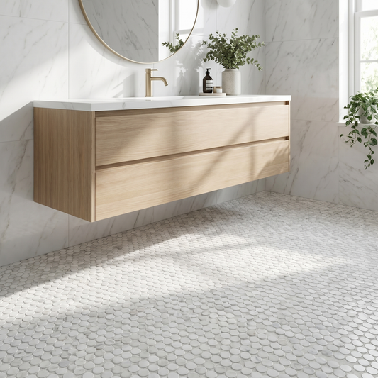 White Carrara polished penny round marble mosaic - bathroom floor