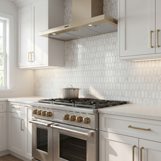 White Carrara polished picket marble mosaic - kitchen backsplash