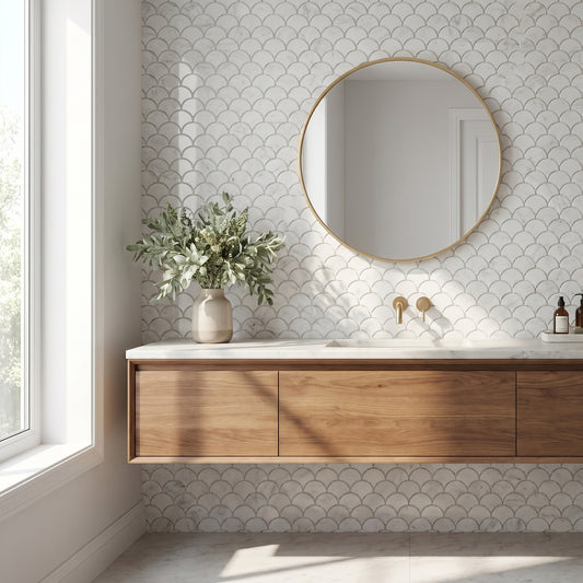 White Carrara polished scallop marble mosaic - bathroom vanity backsplash