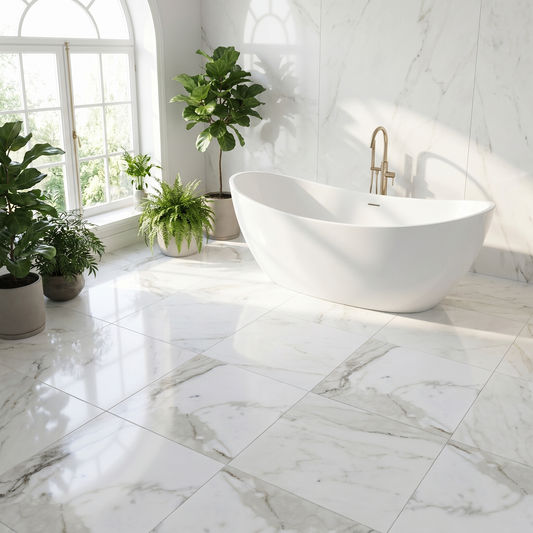 Calacatta Gold polished 12x12 marble tile - bathroom floor