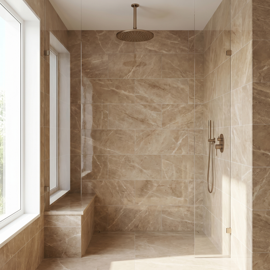 Cappuccino polished 6x12 marble plank tile - shower wall