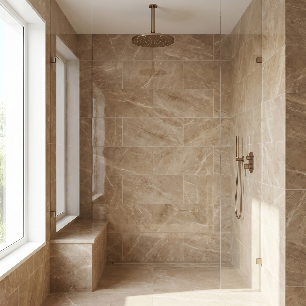 Cappuccino polished 6x12 marble plank tile - shower wall
