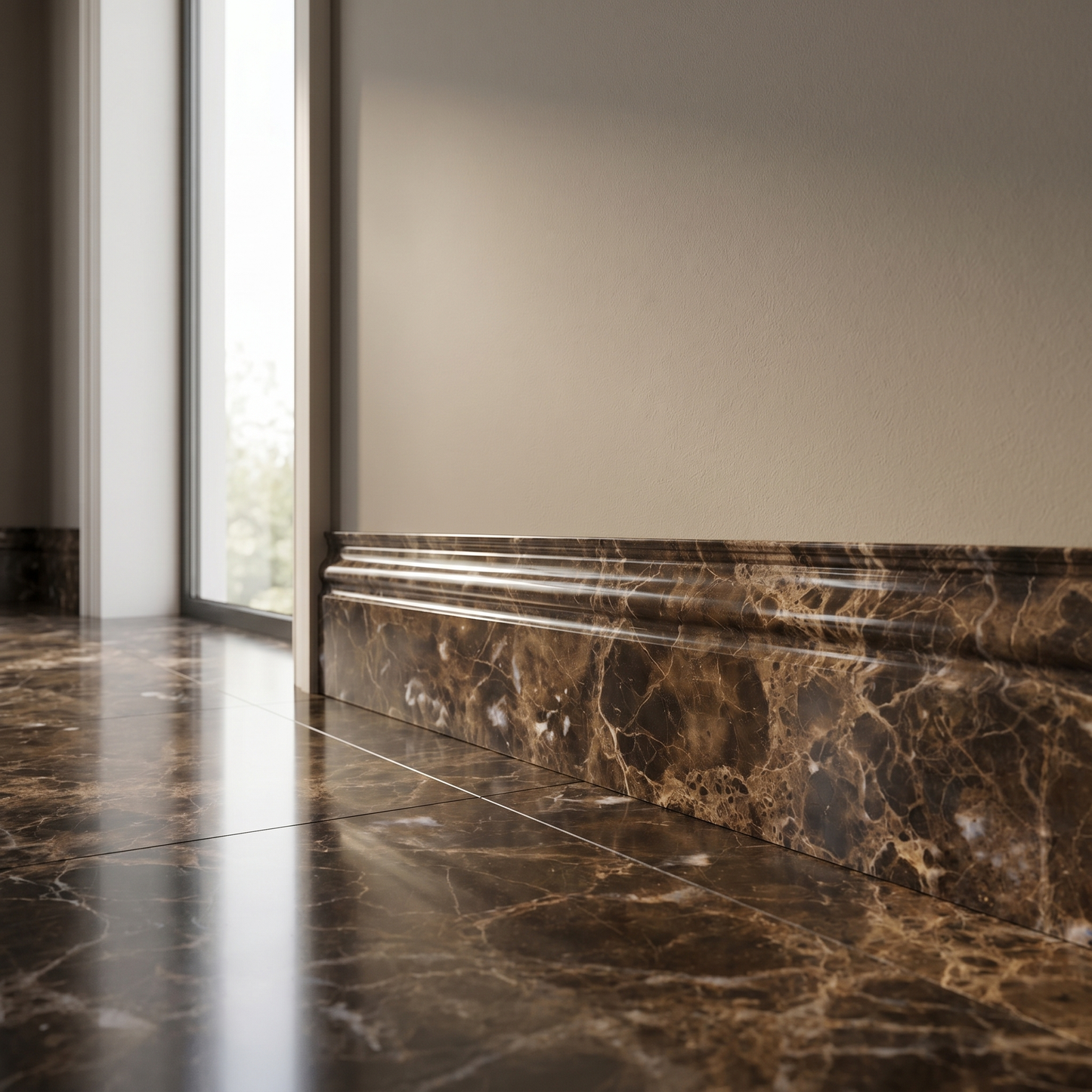 Dark Emperador polished base molding - hallway skirting