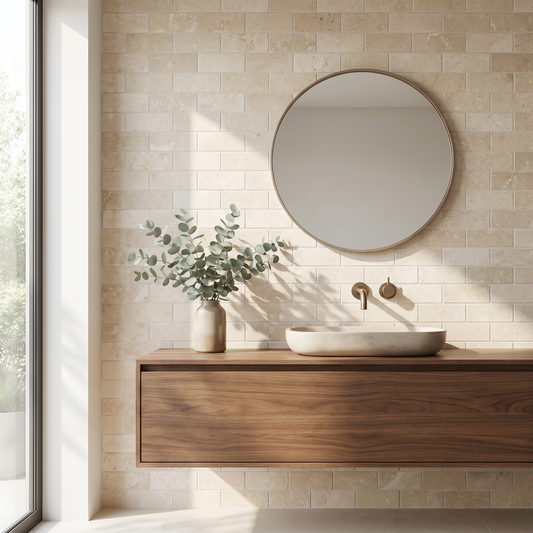 Ivory white travertine honed 2x4 brick mosaic - bathroom wall