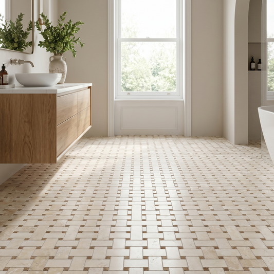 Ivory white travertine basket weave mosaic with noce dots - bathroom floor