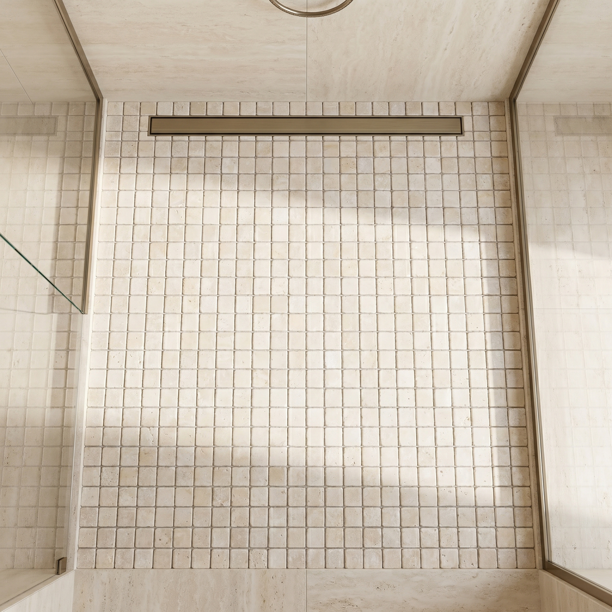 Ivory white travertine tumbled 1x1 mosaic - shower floor