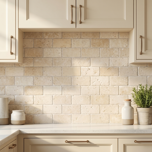 Ivory white travertine tumbled 1x2 brick mosaic - kitchen backsplash