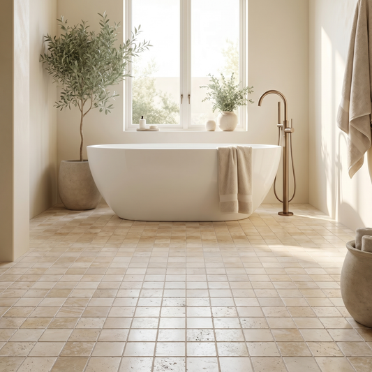 Ivory white travertine tumbled 2x2 mosaic - bathroom floor