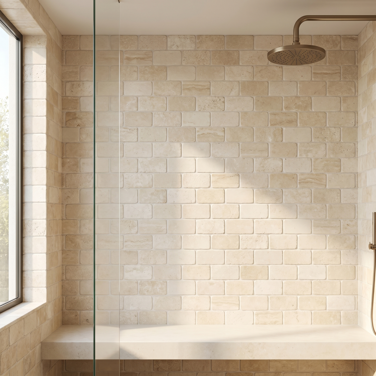 Ivory white travertine tumbled 2x4 brick mosaic - shower wall