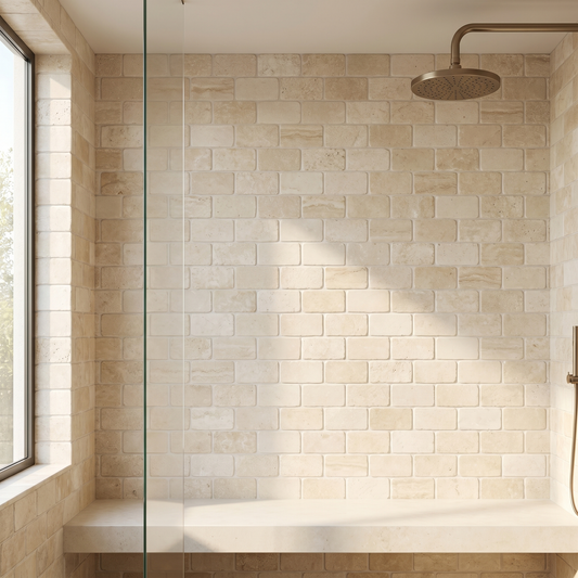 Ivory white travertine tumbled 2x4 brick mosaic - shower wall