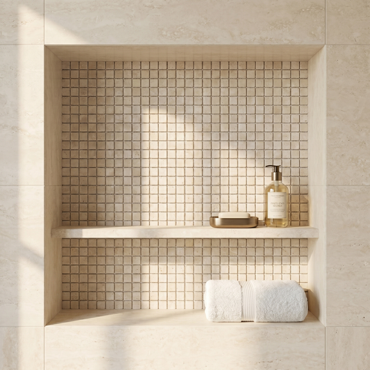 Ivory white travertine tumbled 5/8 mosaic - shower niche