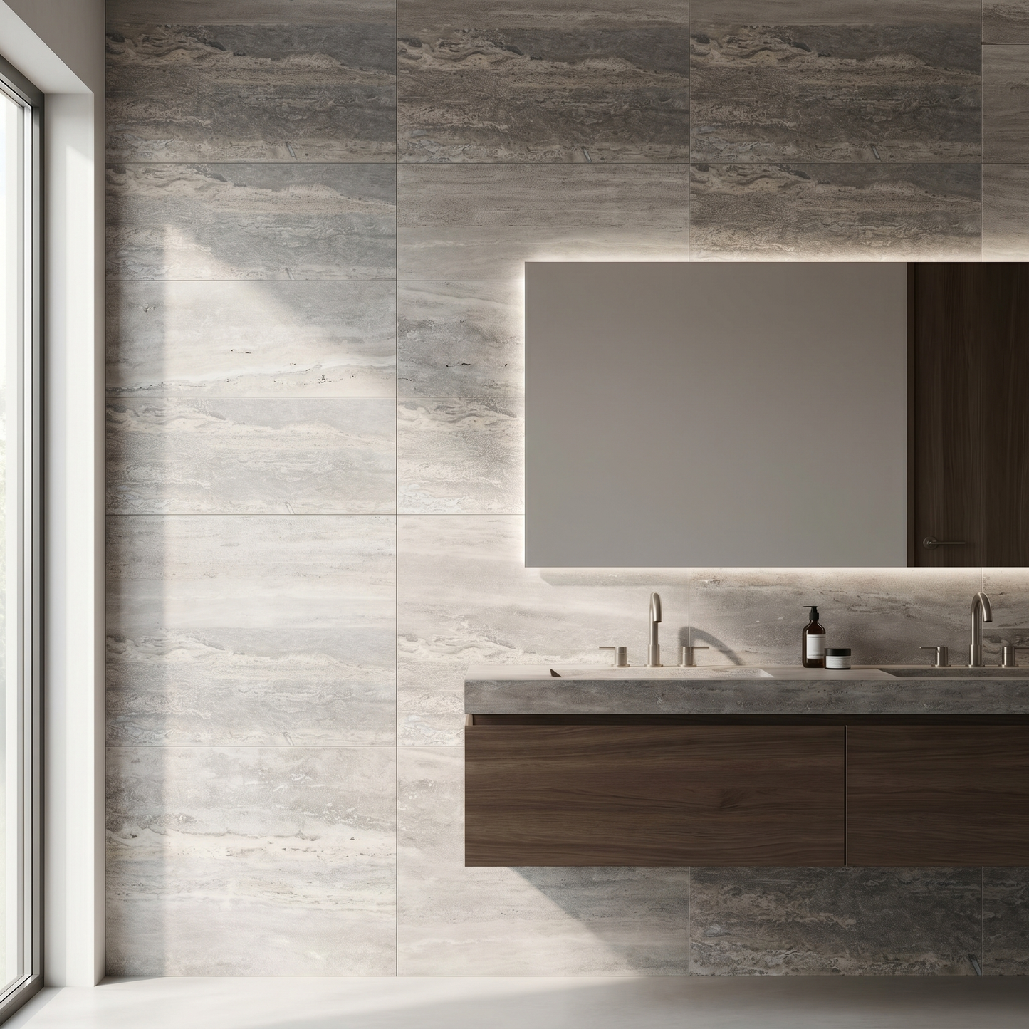 Silver travertine honed vein cut 12x24 tile - bathroom feature wall