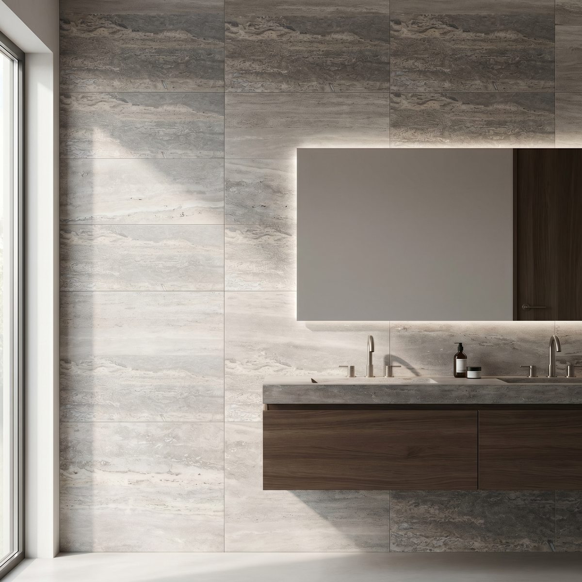 Silver travertine honed vein cut 12x24 tile - bathroom feature wall