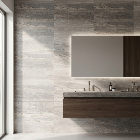 Silver travertine honed vein cut 12x24 tile - bathroom feature wall