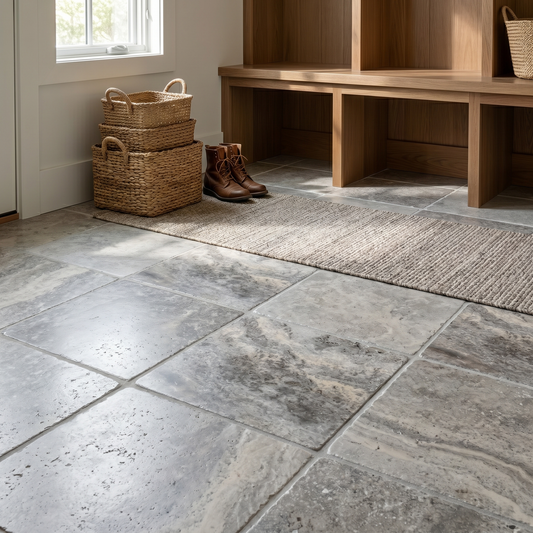 Silver travertine tumbled 12x12 tile - mudroom floor