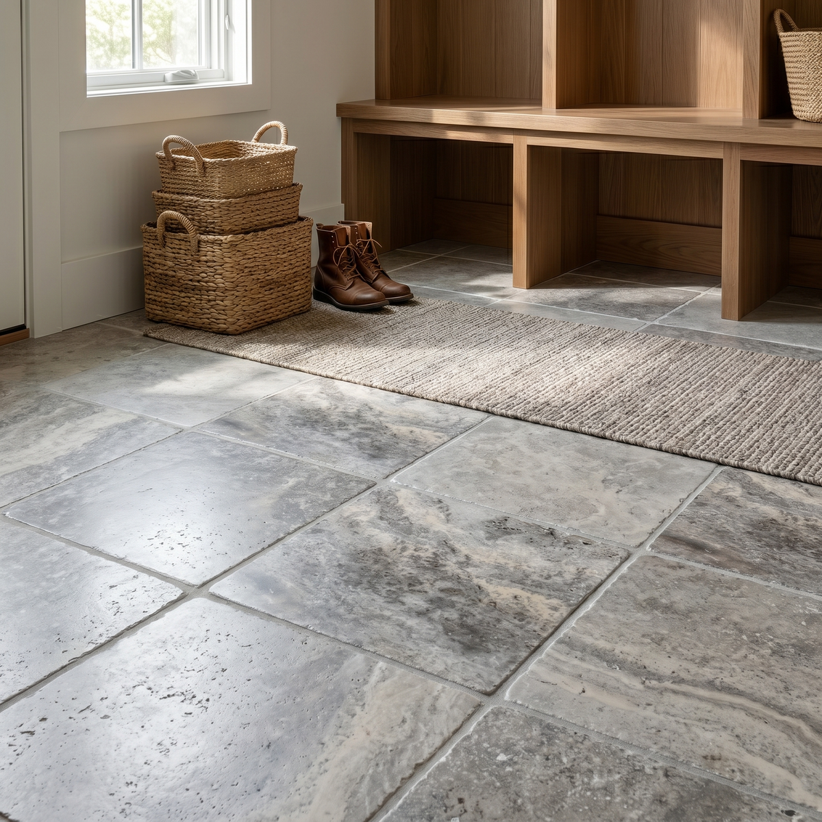Silver travertine tumbled 12x12 tile - mudroom floor