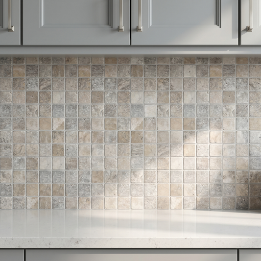Silver travertine tumbled 2x2 mosaic - kitchen backsplash