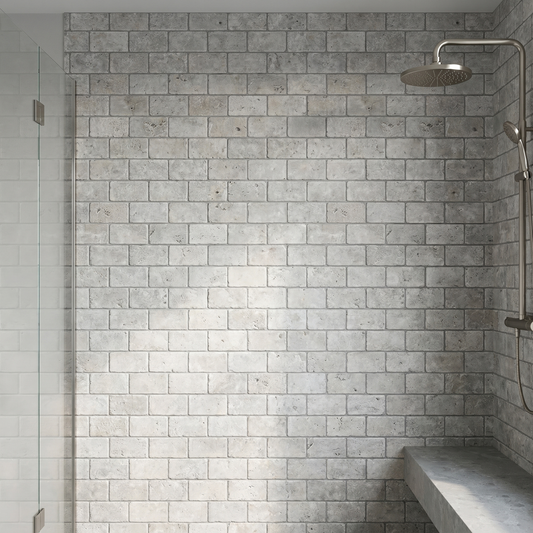 Silver travertine tumbled 2x4 brick mosaic - shower wall
