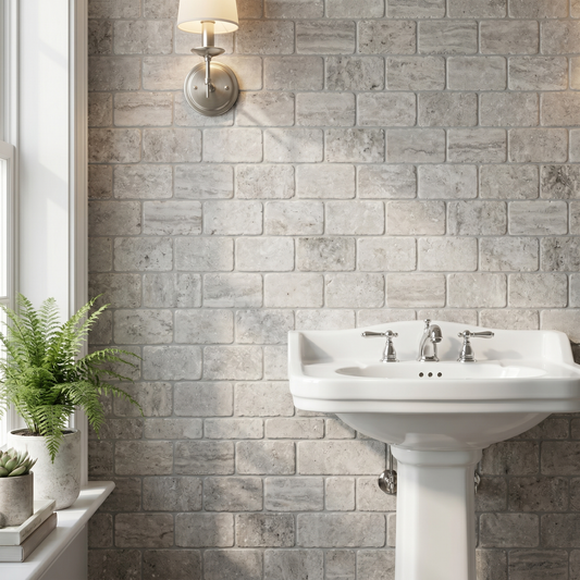 Silver travertine tumbled 3x6 tile - bathroom wall