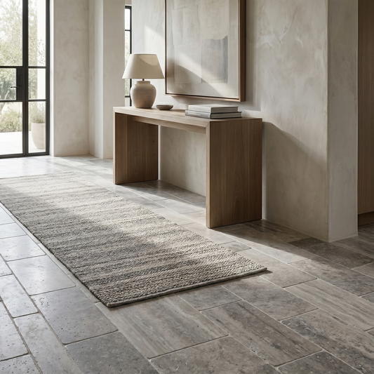 Silver travertine tumbled 6x12 tile - hallway floor