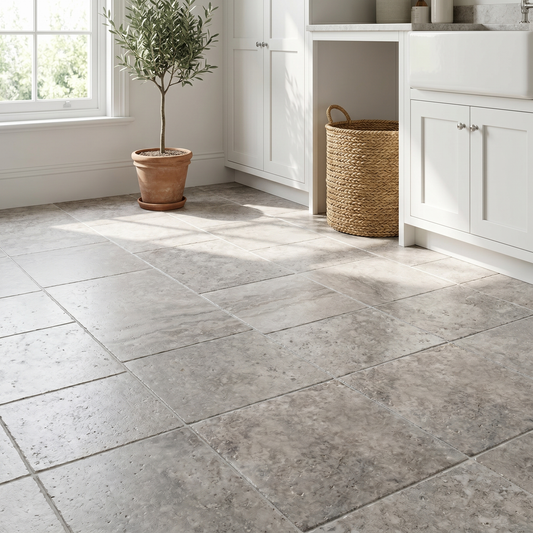 Silver travertine tumbled 6x6 tile - laundry room floor