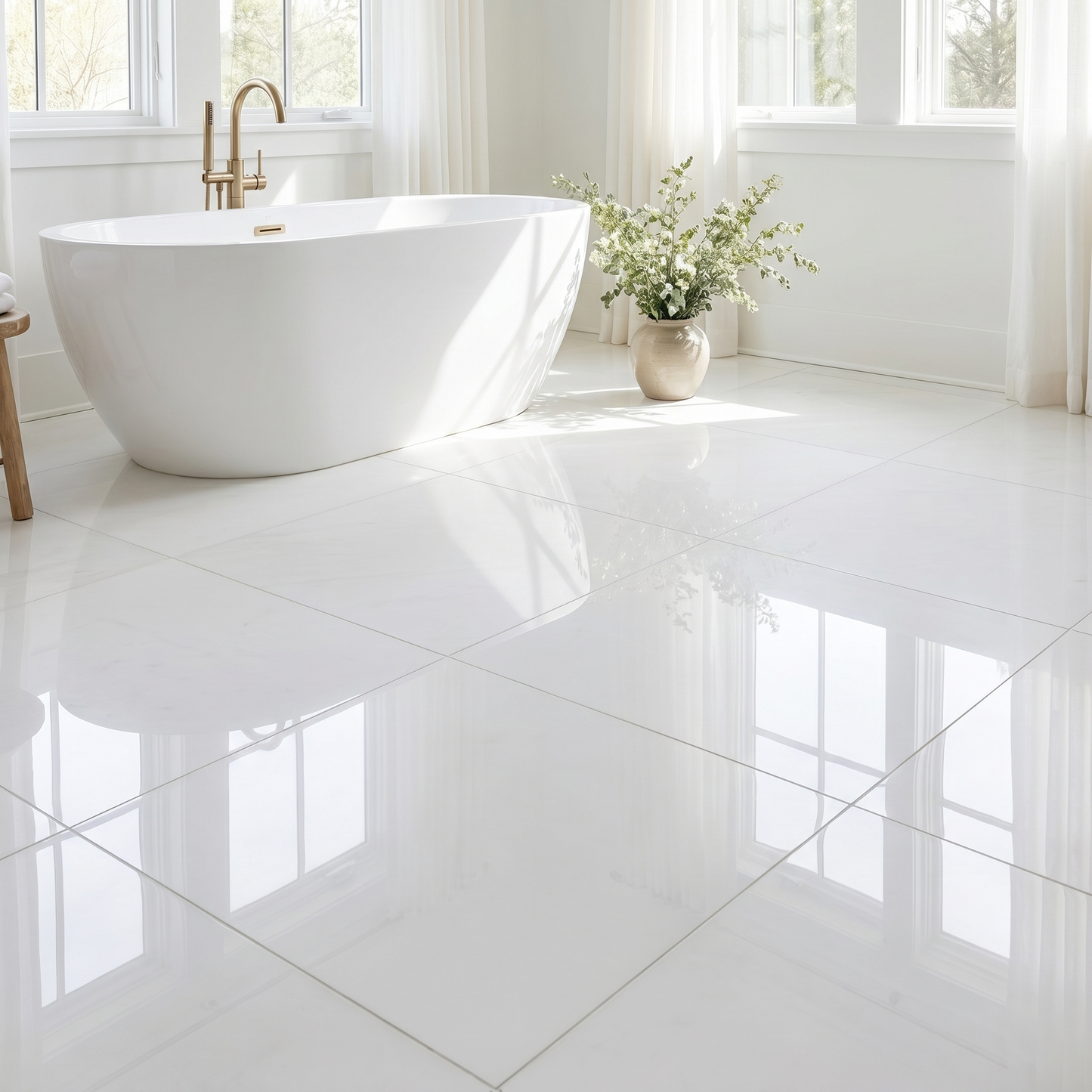 Thassos polished 12x12 white marble tile - bathroom floor