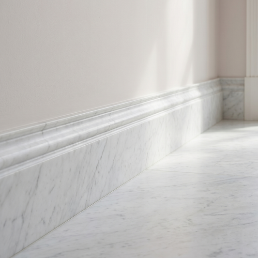 White Carrara honed marble base molding - hallway skirting