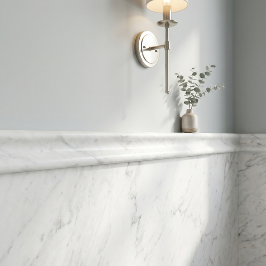 White Carrara honed marble chair rail molding - powder room wall border