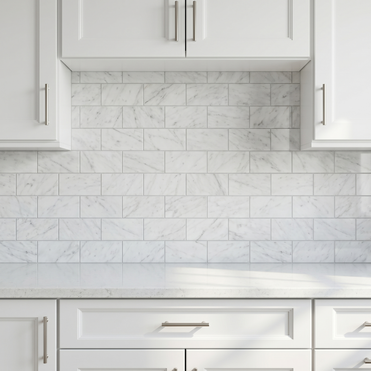 White Carrara polished 3x6 marble subway tile - kitchen backsplash