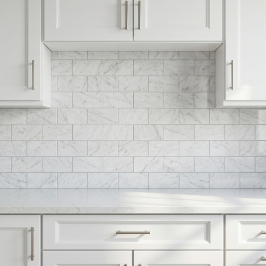White Carrara polished 3x6 marble subway tile - kitchen backsplash