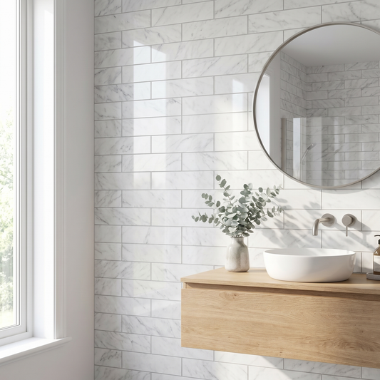 White Carrara polished 4x12 marble subway tile - bathroom wall