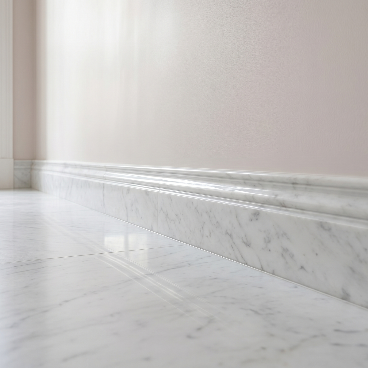 White Carrara polished marble base molding - hallway skirting