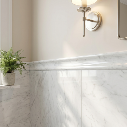 White Carrara polished marble chair rail molding - bathroom wall border