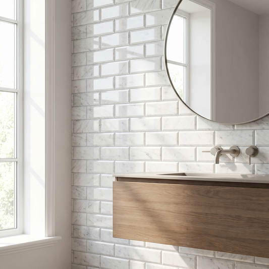 White Carrara polished beveled 3x12 marble subway tile - bathroom feature wall