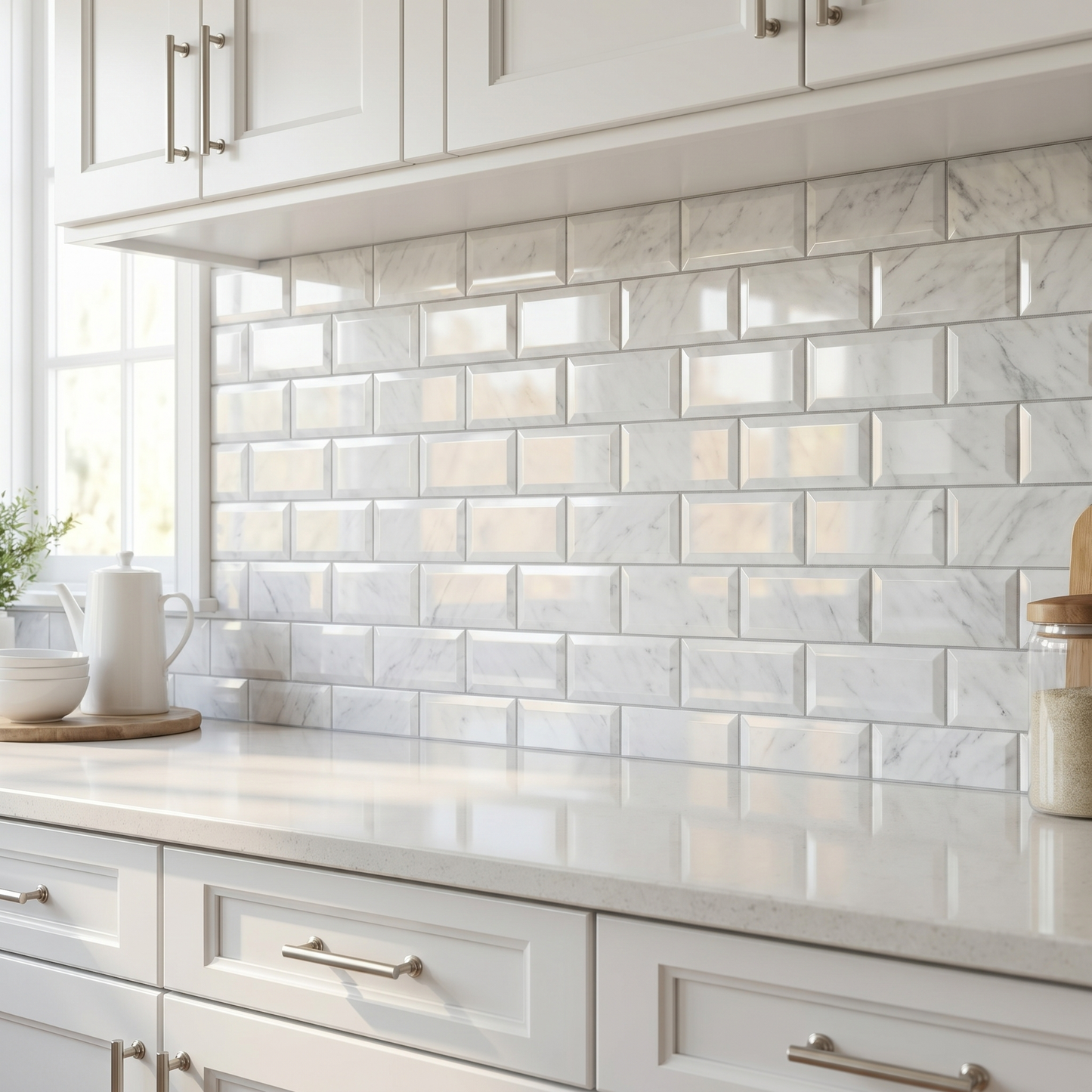 White Carrara polished beveled 3x6 marble subway tile - kitchen backsplash