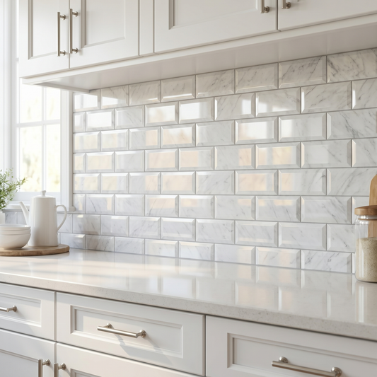 White Carrara polished beveled 3x6 marble subway tile - kitchen backsplash