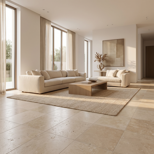 Ivory white travertine honed 12x24 tile shown in a modern living room